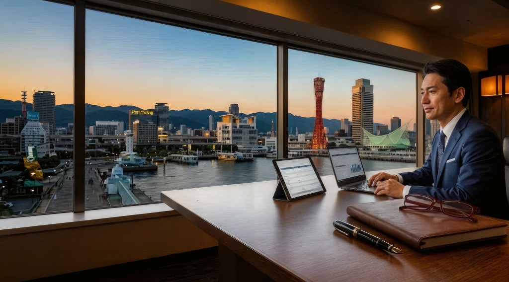 神户港夕景与在办公室工作的男士顾问